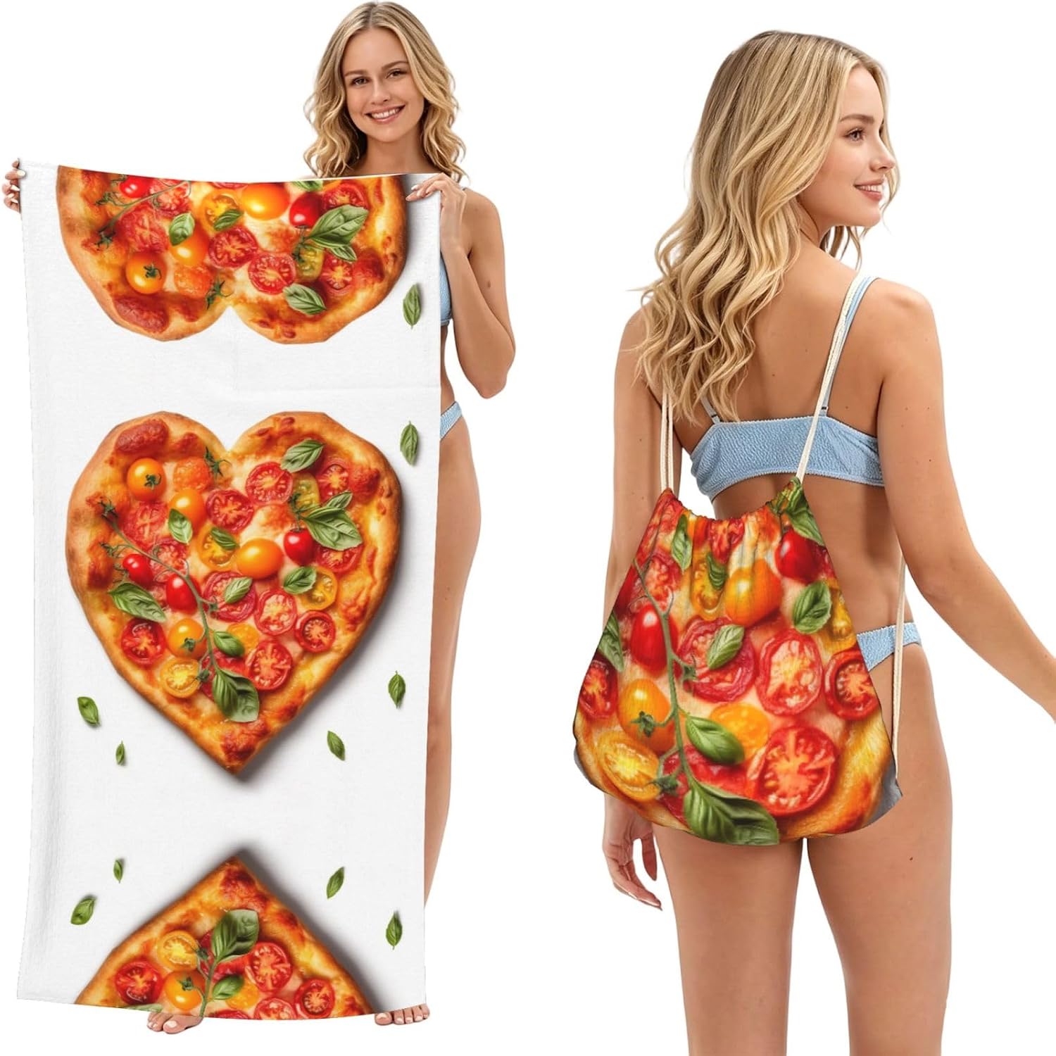 2 in 1 Packable Towel Bag,Soft Absorbent Pool Towels Backpack Quick Dry Lightweight Beach Towels Heart Shaped Pizza Drawstring Bag for Travel Camping Sports Picnic
