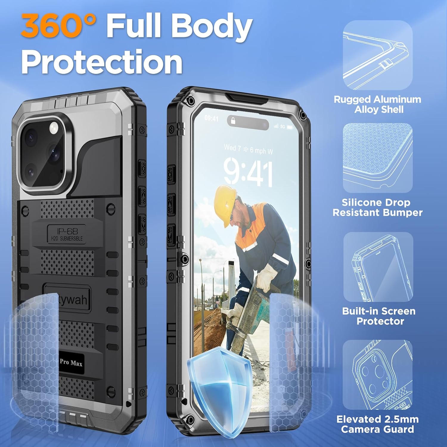 Mitywah Waterproof Case for iPhone 16 Pro Max, Shockproof Heavy Duty Case with Built-in Screen Protector, Underwater Full Body Protective Metal Case 6.9 inch, Silver - Image 4