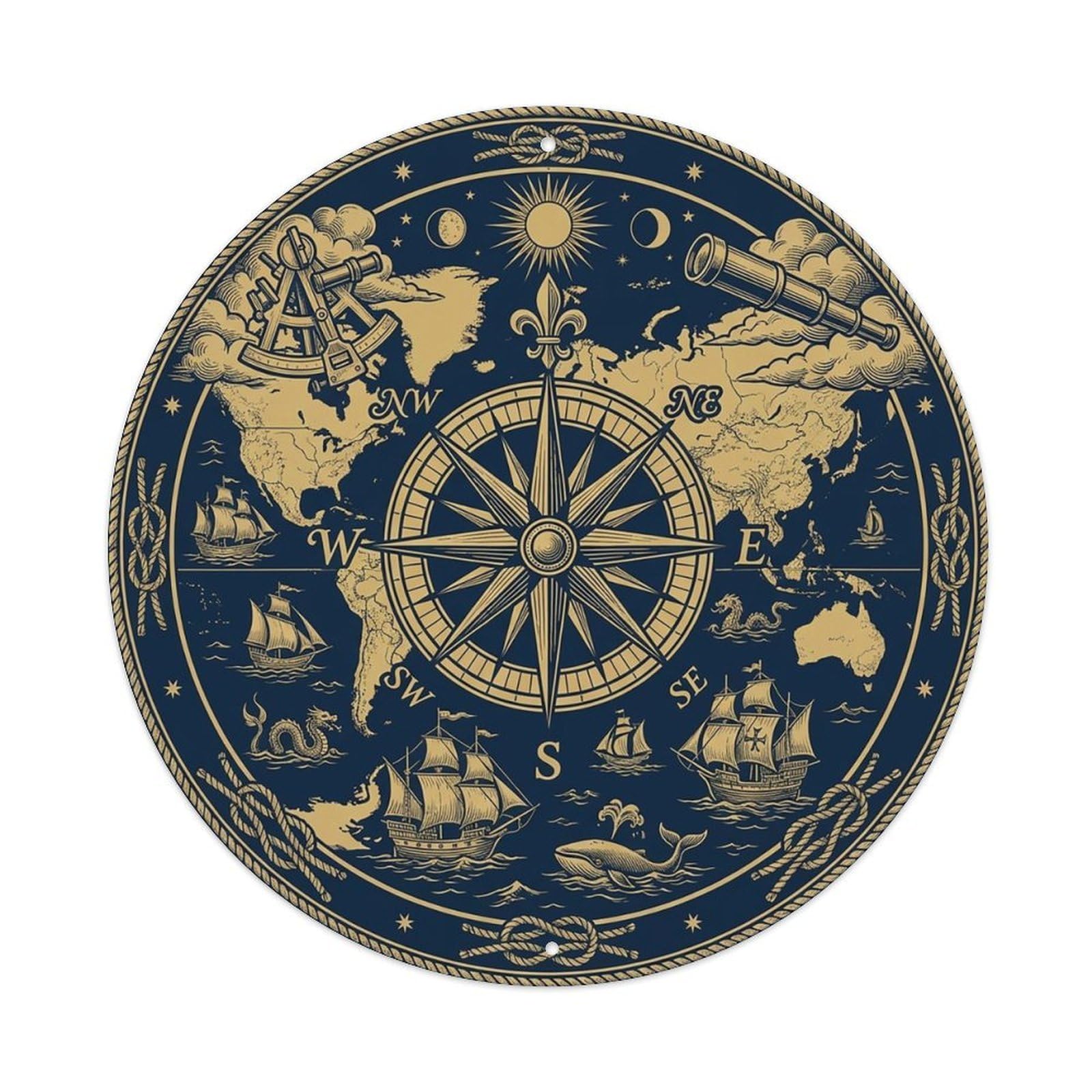 Vintage Nautical Compass World Map Ocean Quest Metal Tin Sign
