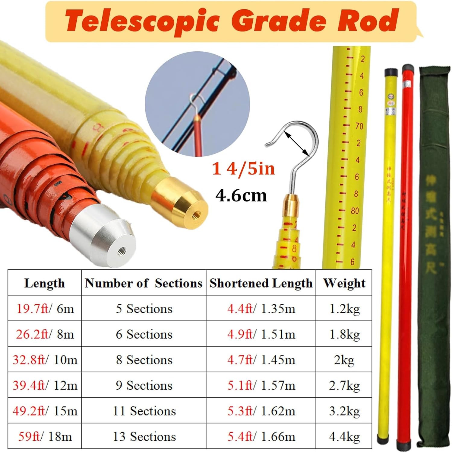 Telescopic Survey Measuring Rod, Lightweight Insulated Height Stick for Lineman & Construction, 35kV-500kV Voltage, 59ft/18m with Carrying Bag (Yellow)