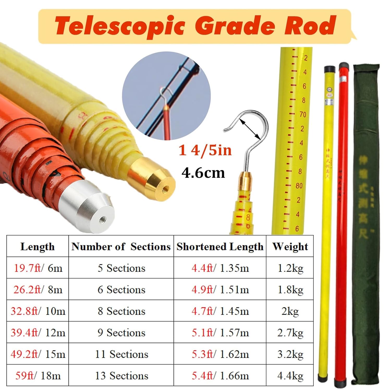 Telescopic Measuring Rod Stick, Lightweight Survey Pole with Carrying Bag, Insulated Height Stick for Lineman Live Power Line Work/Construction, 35kv-500kv Voltage(Orange,26.2ft/8m)