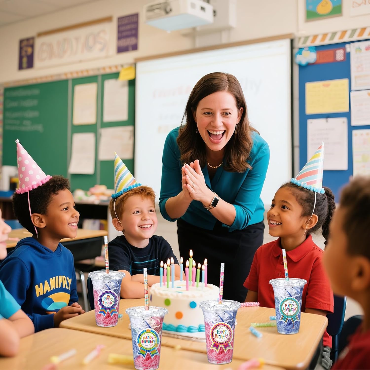 Qinyoung 24 Set Classroom Birthday Gift for Student Happy Birthday Gifts from Teacher Return Gifts Disposable Plastic Cup with Lid Colorful Pencil Sticker Raffia for Reward Kids Prize(Reward) - Image 4