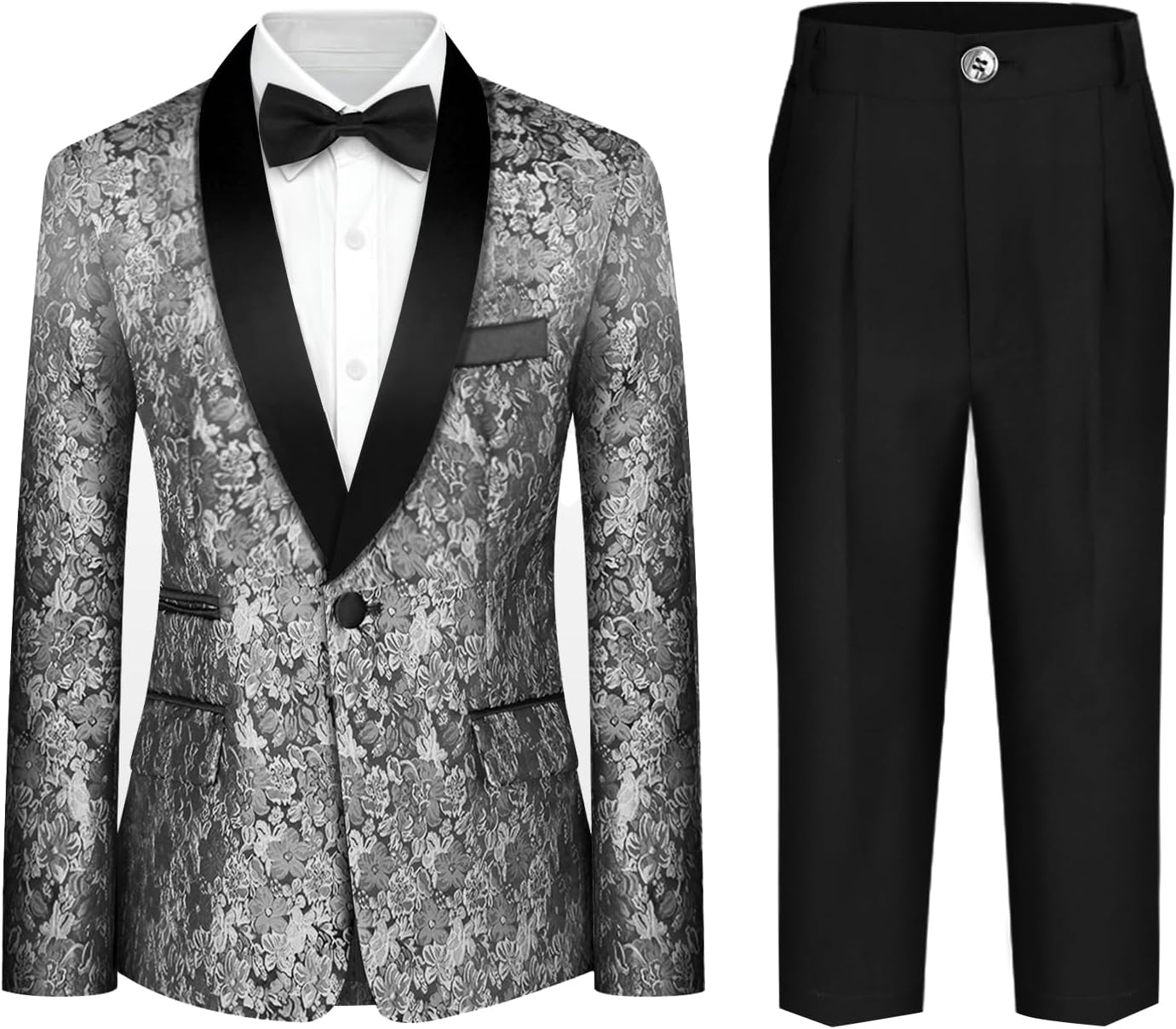 Boys Jacquard Suit 4 Pieces Slim Fit Tuxedo Fancy Suits for Boy with Floral Jacket Pant Tie Bow Tie for Wedding Prom Party