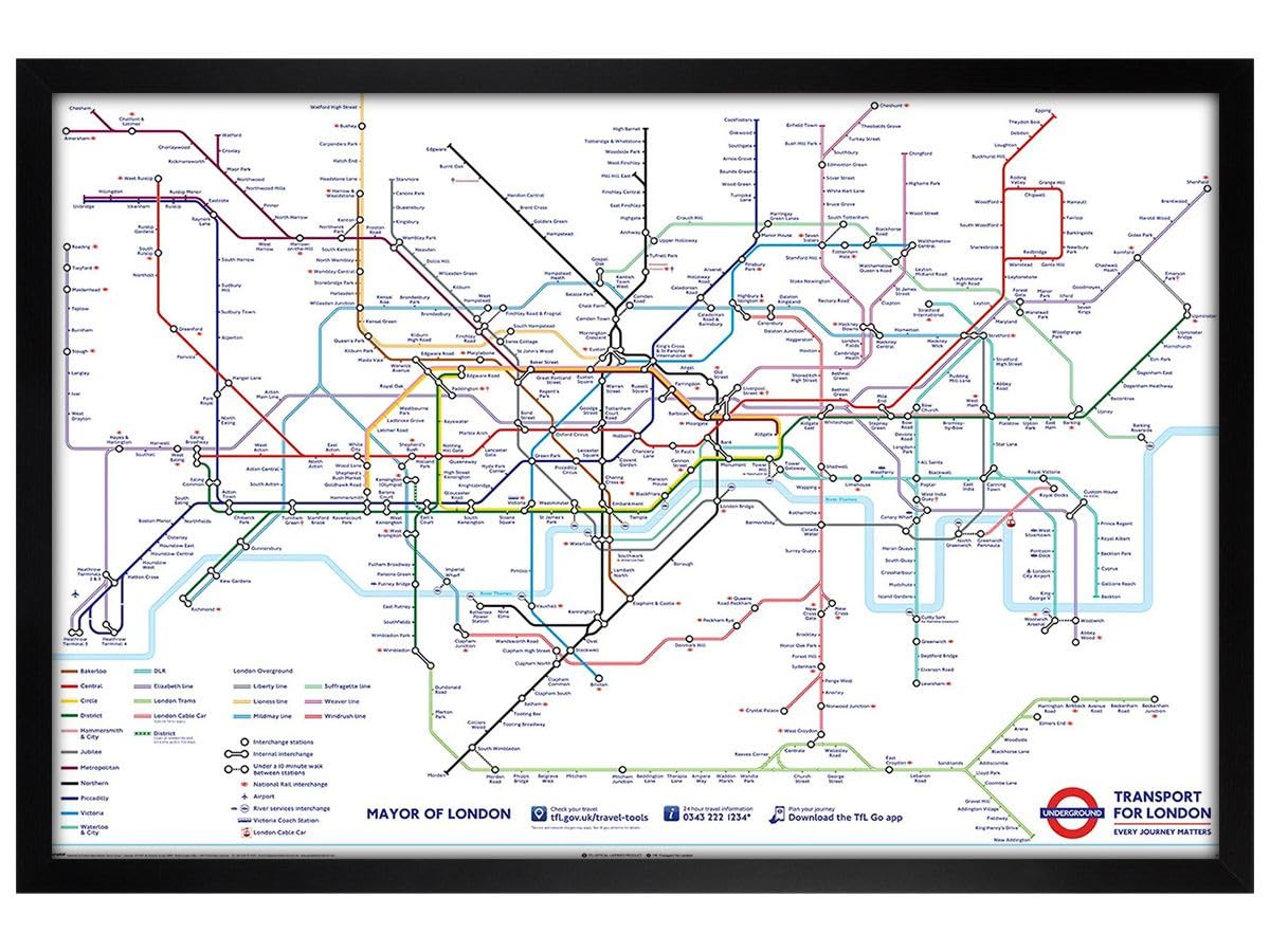 Grindstore Black Tfl (London Underground Map) Maxi Poster - Wooden Framed - Framed Poster Print, Wall Decor/Art, Home Gift Idea, For Living Room, Bedroom, Home Or Office Display