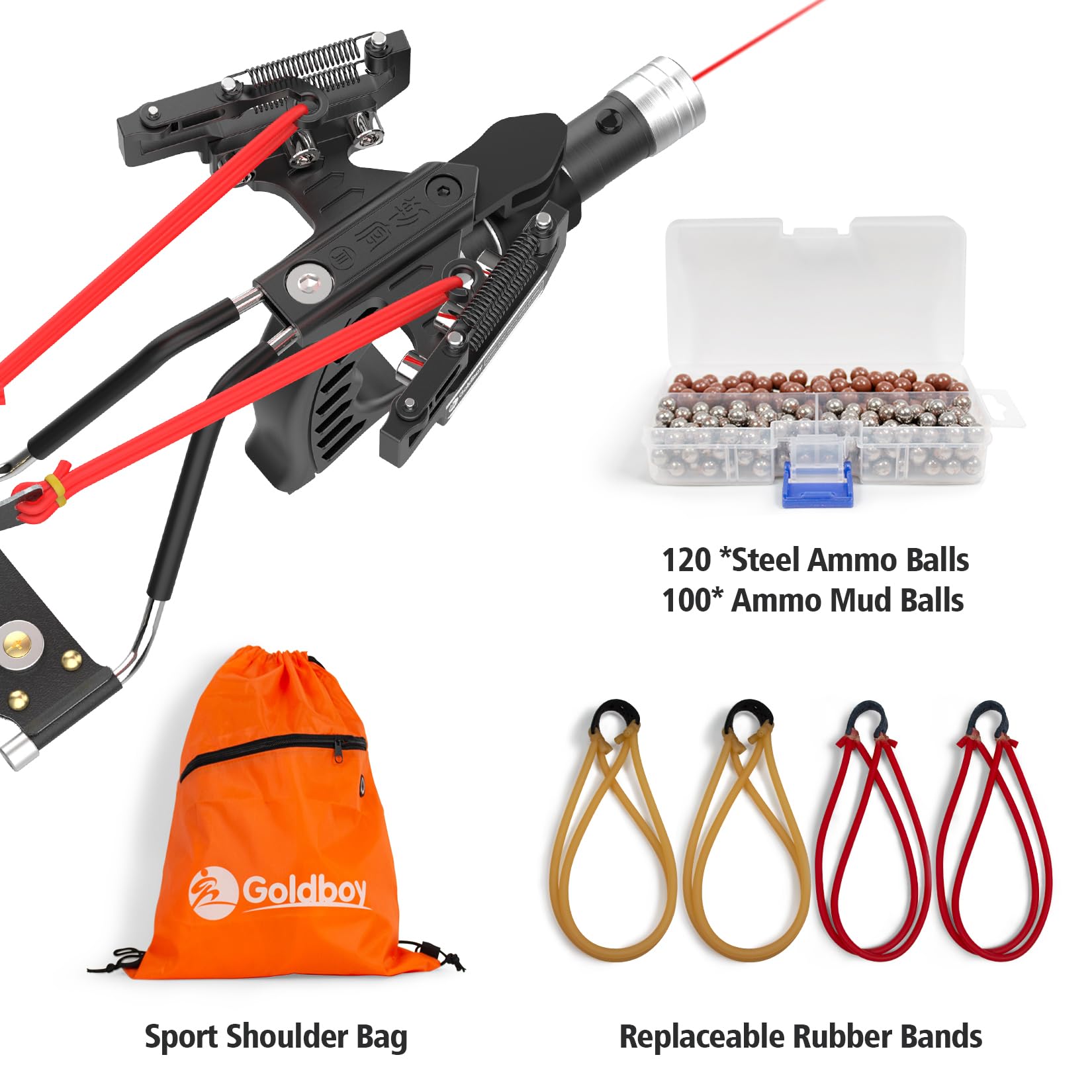 Goldboy Slingshot with Red Beam Sight, Wrist Rocket with Flashlight, Hunting Slingshot 4 Rubber Bands 220 Ammo Adults Black