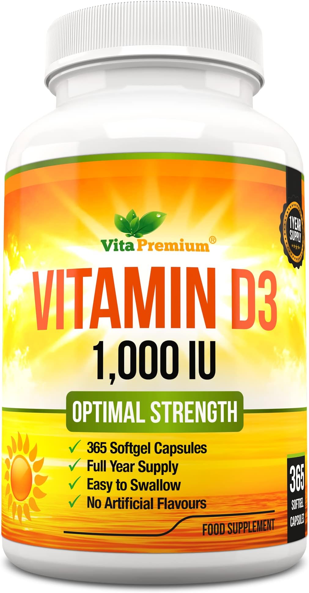 Vitamin D 1,000 IU, Optimal Strength Vitamin D3 Supplement, 365 Easy to Swallow Softgels - Full Year Supply