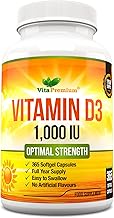 Vitamin D 1,000 IU, Optimal Strength Vitamin D3 Supplement, 365 Easy to Swallow Softgels - Full Year Supply