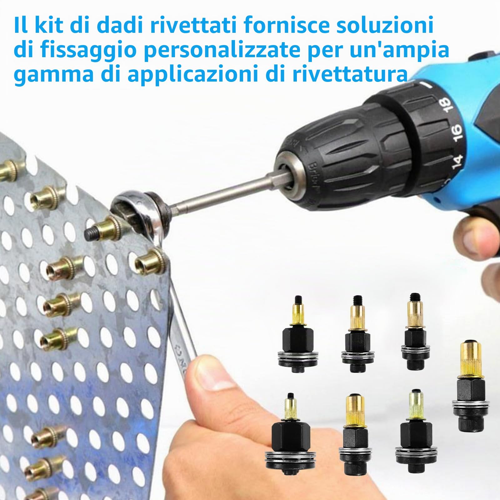 186 pezzi Rivettatrici Manuali di Teste Set, Contiene 180 pezzi ciascuno di dadi M3/M4/M5/M6/M8/M10, Rivettatrice per Inserti Filettati, Mandrino Punte Trapano Metallo per Rivettatrice