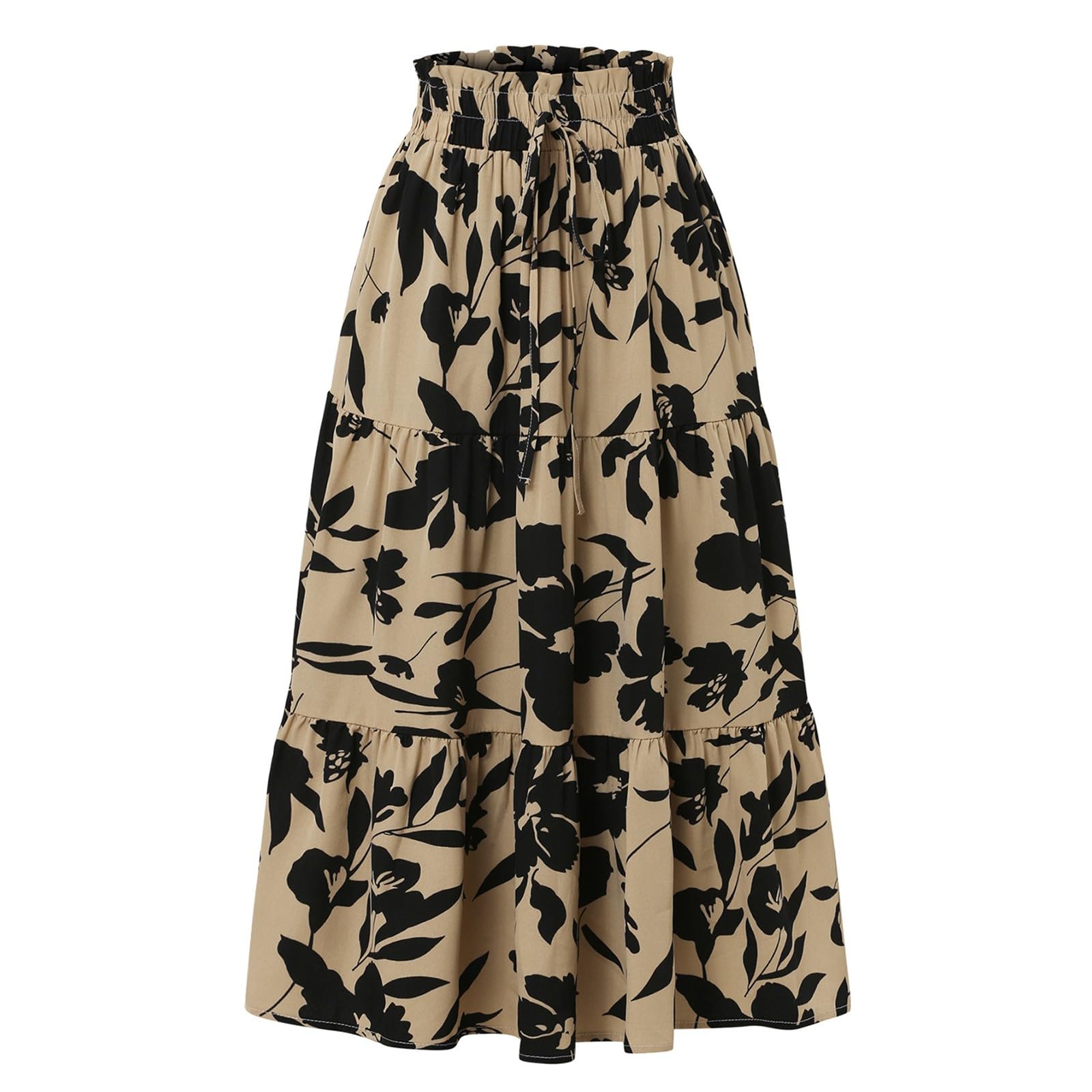 Floral Skirts for Women Tiered High Waisted Midi Skirt Trendy Drawstring Beach Travel Flowy Summer A Line Skirt
