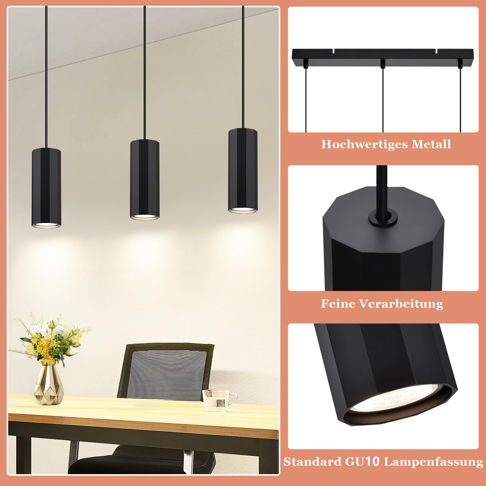 Glitzerlife Lampada a sospensione GU10 Nero Lampadario a Soffitto 3 Luci | Con Cavo Regolabile per Bar Ristorante Sala da Pranzo Isola Industriale in Metallo per Cucina Bar (Senza lampadina)
