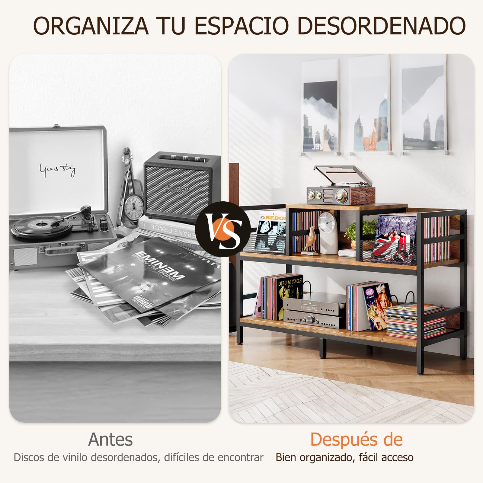 Mobile per giradischi con archiviazione in vinile, scaffale retrò a 3 livelli per CD e DVD, supporto per lettore di dischi e altoparlanti, capacità 350 LPs, 116,5 × 37 × 77,5 cm