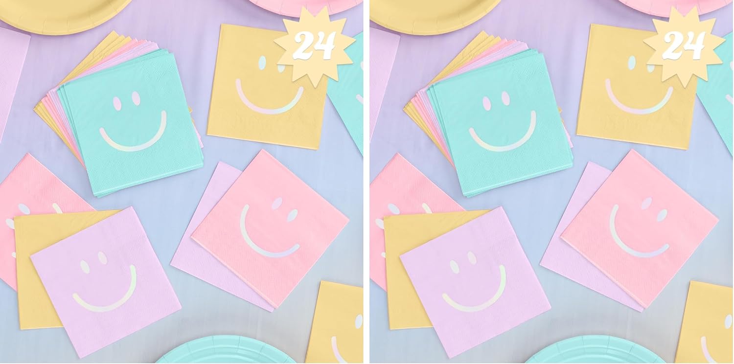 xo, Fetti Smile Party Napkins, 3-ply, 24 pcs - Happy Pastel Birthday Party Decorations, Cute Bachelorette Party, Cool Cocktail Napkins
