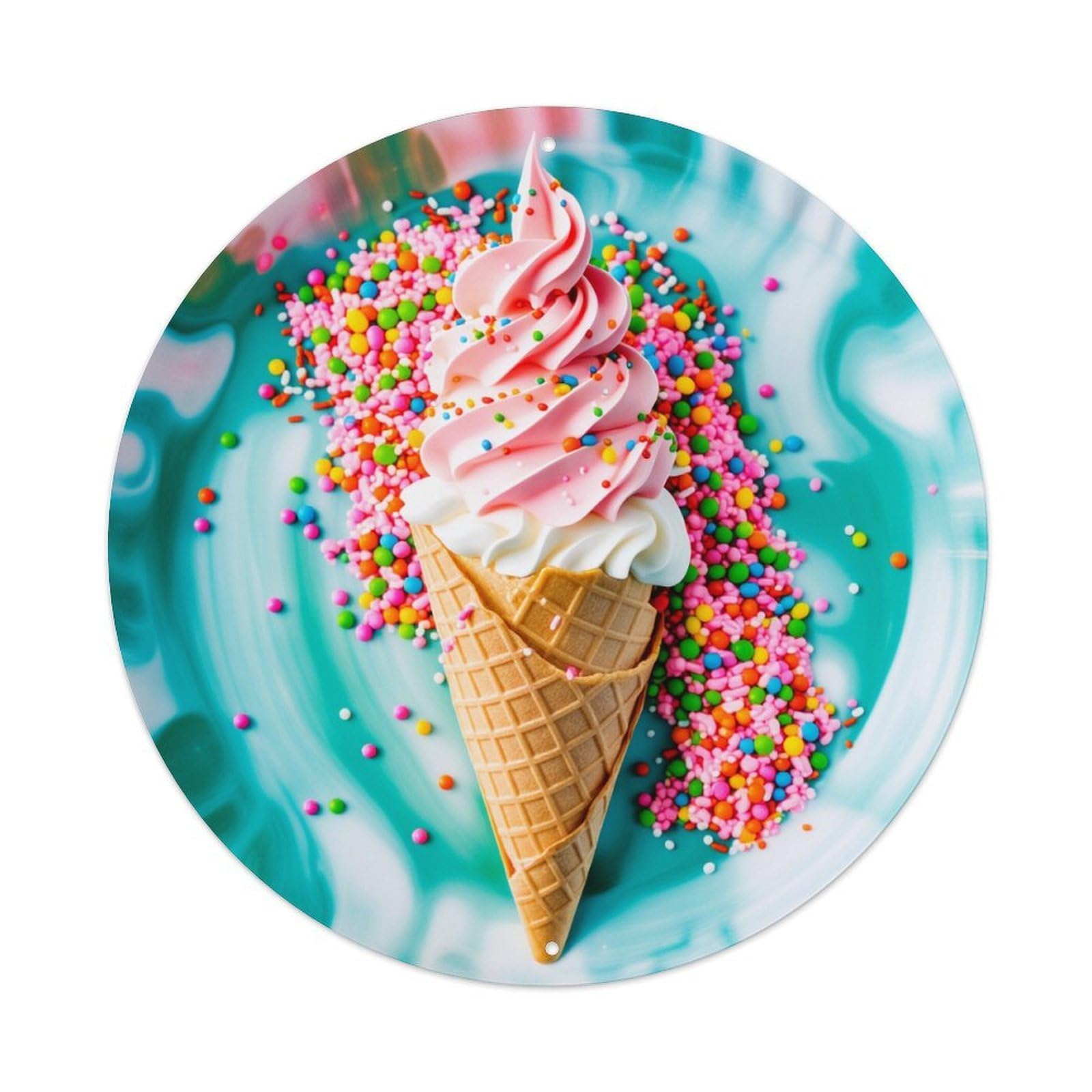 Colorful Swirl Sprinkles Ice Cream Cone Round Tin Sign Vintage Metal Poster, Home Bar Garage Man Cave Cafe Indoor & Outdoor Wall Decoration 8x8Inches
