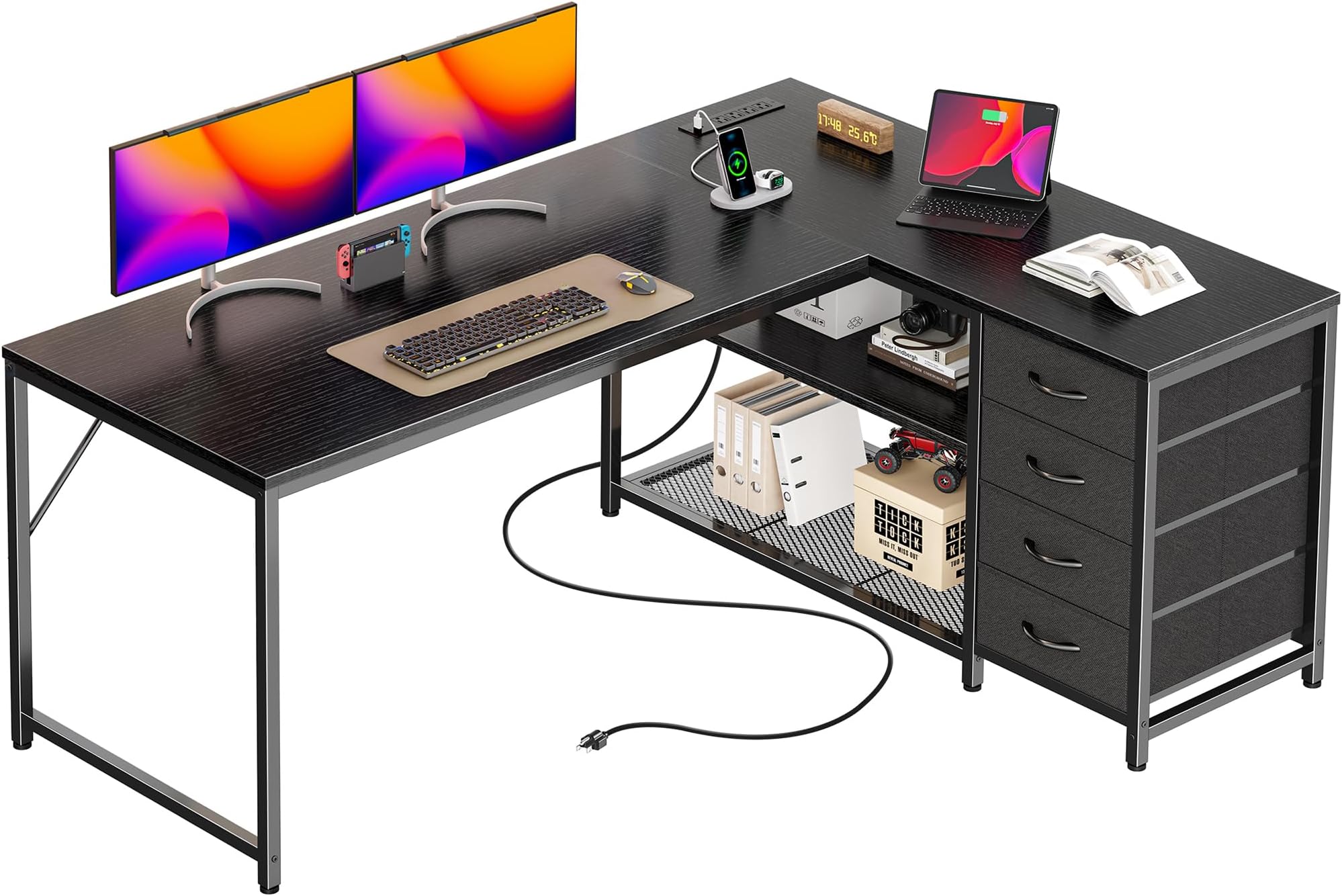 53" L Shaped Desk with Power Outlets & 4 Drawers | Reversible Computer Desk with 2 Storage Shelves, Large Corner Office Desk for Gaming Writing Work Study, Black