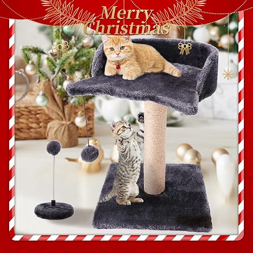 Miniatura 4 de Poste rascador de gato para gatito, poste rascador de sisal natural, plataforma de felpa y bolas de juguete colgantes, juguetes interactivos para