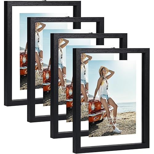 5x7 Floating Picture Frames Set of 4, Double Glass Photo Frame Display up to 7 x 9 Photos for Desktop or Wall Hanging, Black