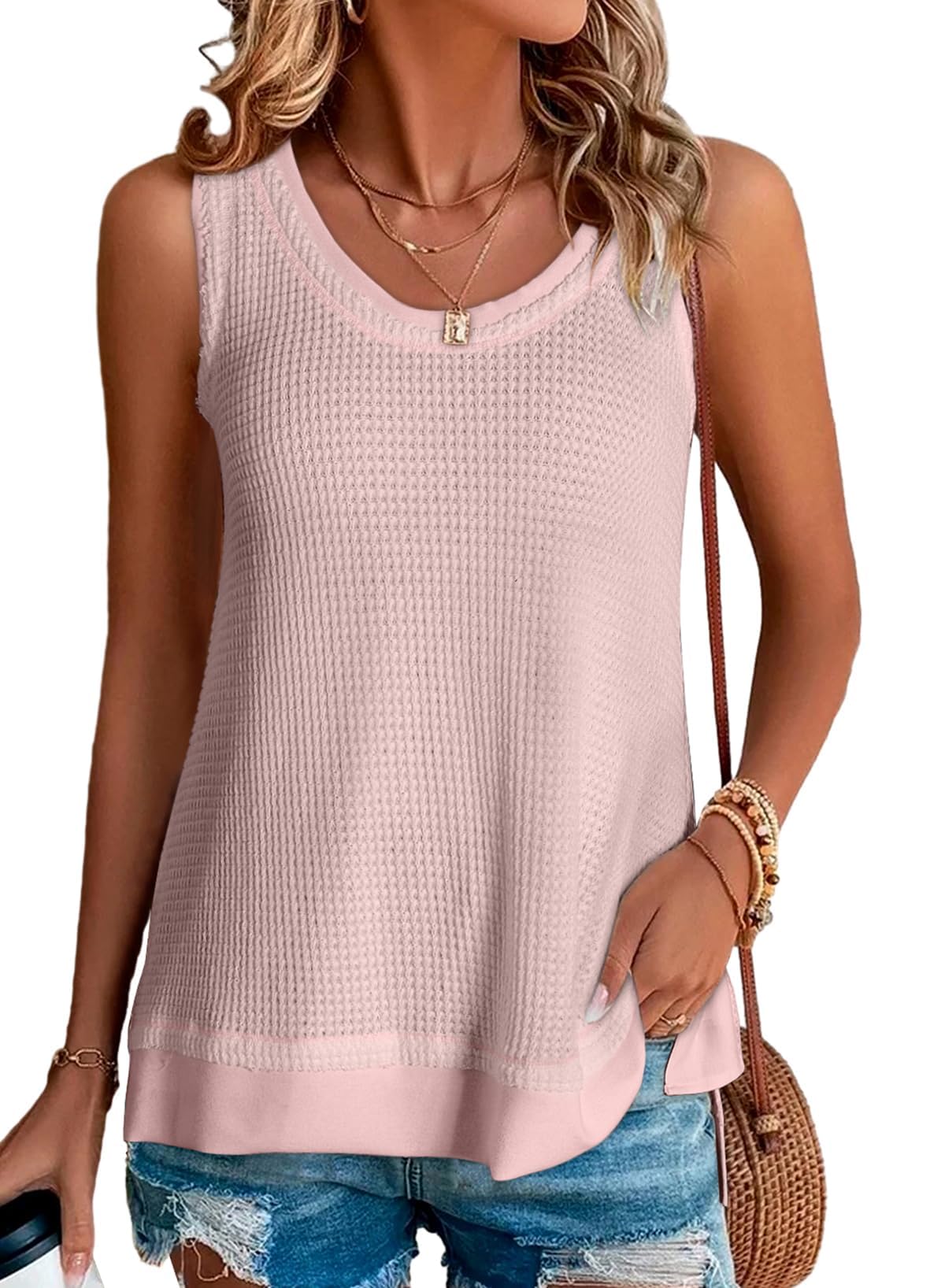 BLENCOT Women's Waffle Knit Summer Tank Top Casual Scoop Neck Sleeveless Loose Tunic Tops