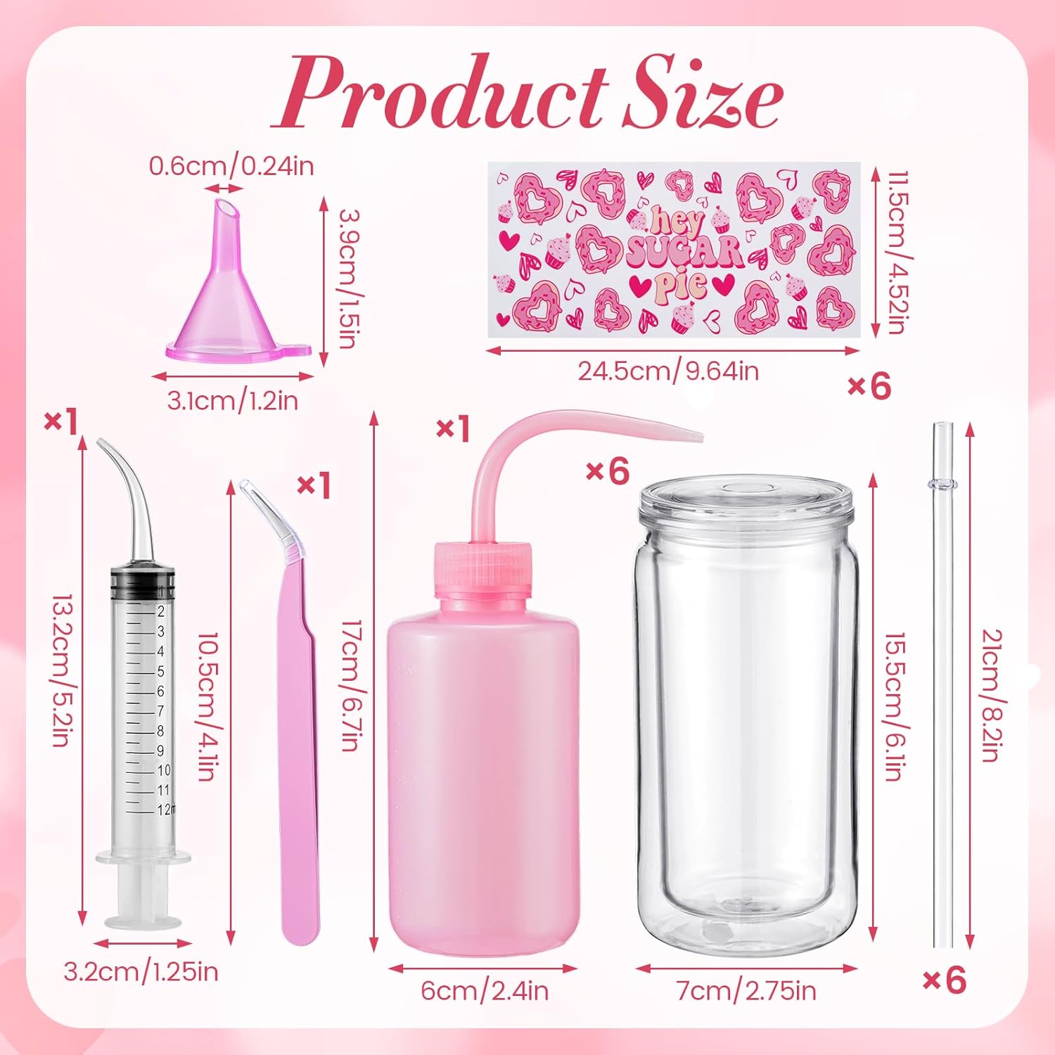6 Pack Valentine's Day DIY Snow Globe Tumbler Supplies Kits 16oz Pre Drilled Double Wall Can Glitter Squeeze Bottle UV Resin Flashlight Pink Red Powder Stickers Valentine Making Tools for Starters - Image 4