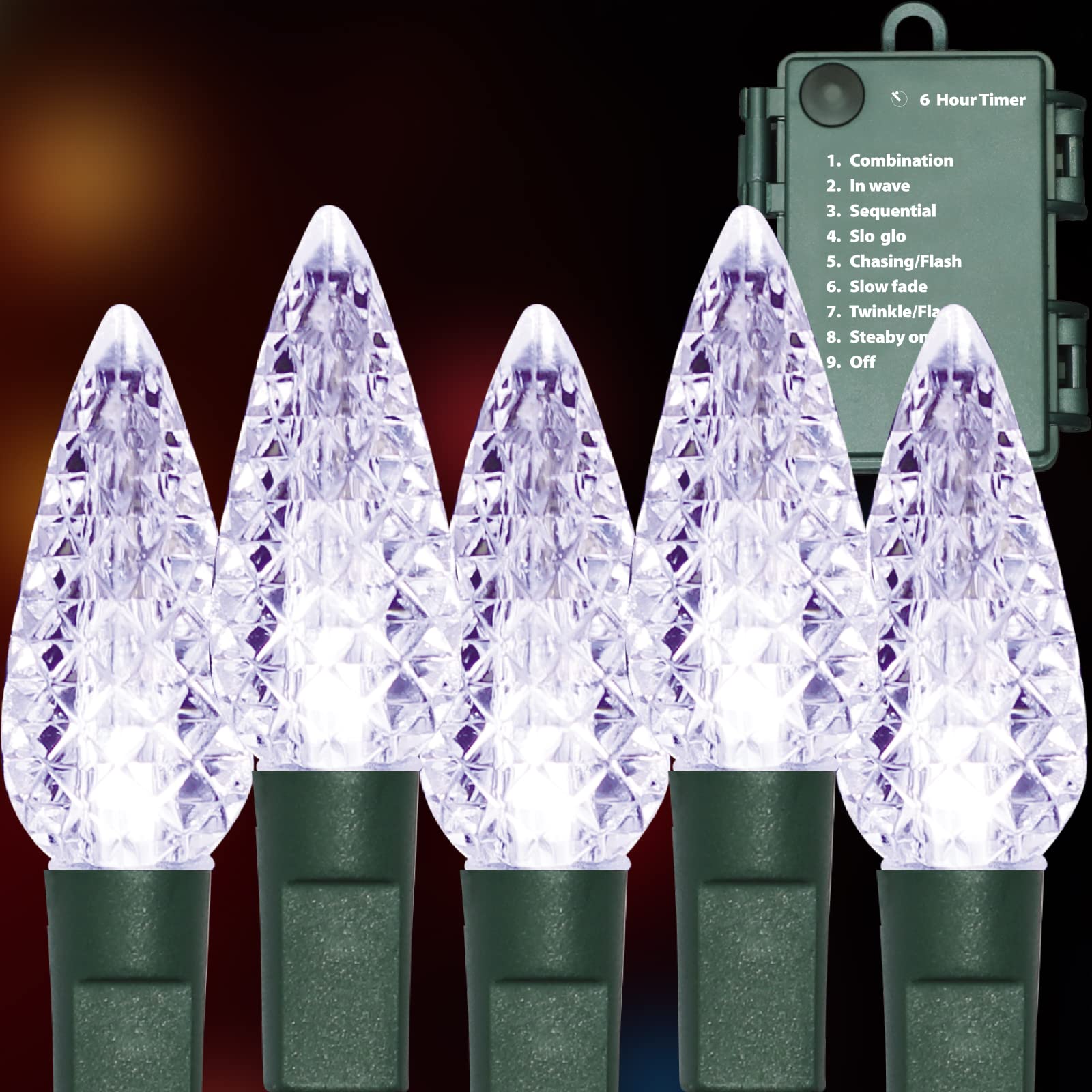 C6 Łańcuch świetlny LED na baterie, łańcuch świetlny na baterie, 9,8 m, 100 diod LED, do użytku wewnątrz i na zewnątrz, łańcuch świetlny z timerem i 8 trybami oświetlenia (2 zestawy – po
