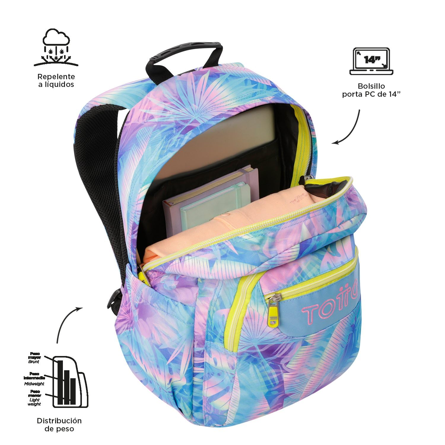 TOTTO - Mochila Escolar Adaptable a Carro, Modelo Acuareles, Capacidad 20 L, Bolsillo para Pc 14", 2 Bolsillo Botella, Espaldar Ergonómico con Flujo de Aire, Cómodas Correas en S, Estampado Prisma