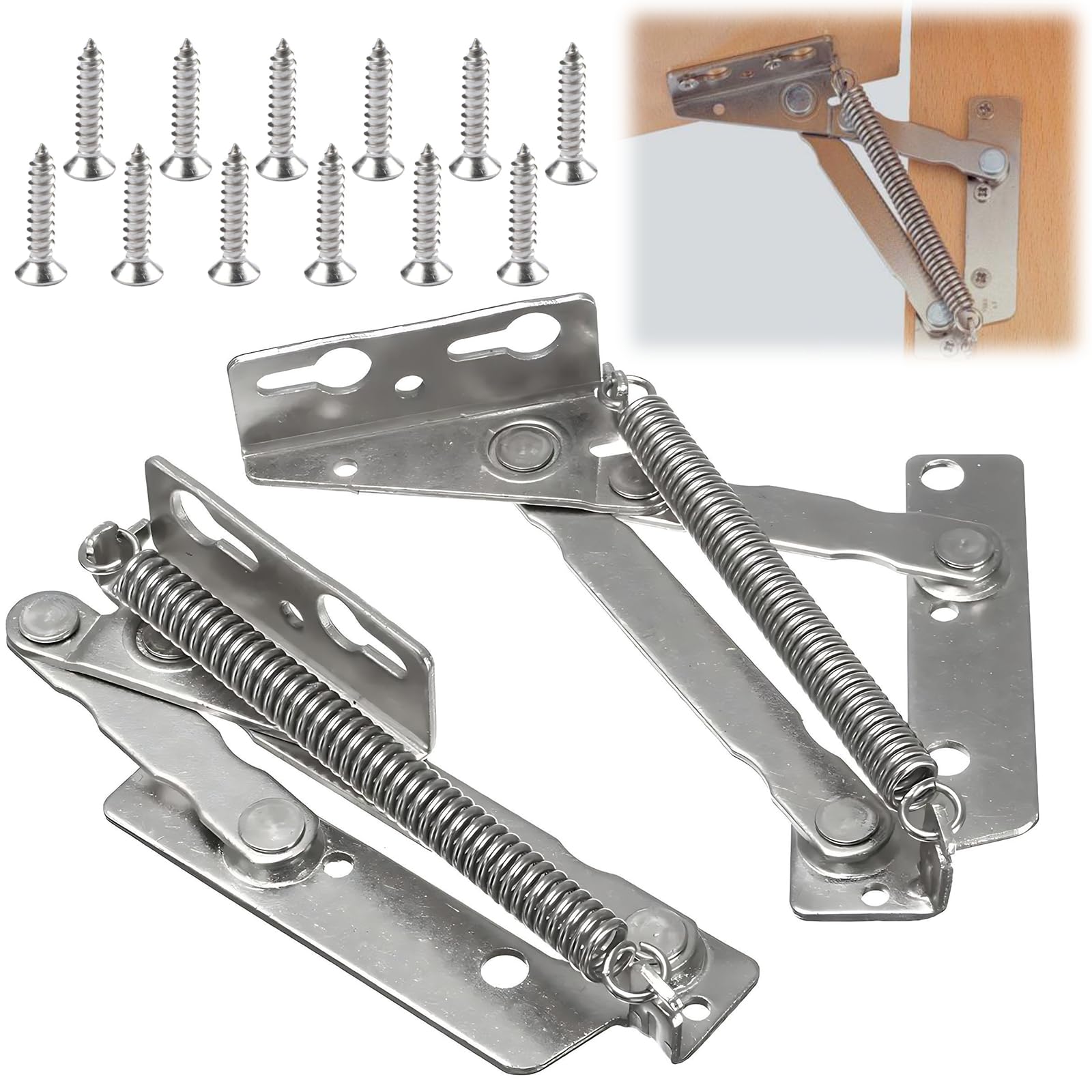 2 Pcs Spring Hinge, Lift Up Kitchen Cabinet Hinges, 80 Degree Cupboard Hinges Folding Lifting Bracket, Heavy Duty Door Hinges, Sofa Bed Lifting Hinge for Furniture Doors Storage Boxes(Silver)