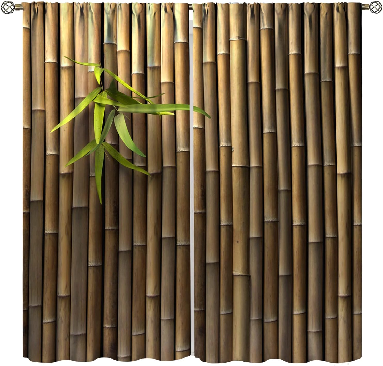 Bamboo 3D Printed Outdoor Curtains, Zen Japanese Natural Bamboo Wall Living Room Kitchen Rod Pocket Window Trim Curtains, 21x63 Inches x 2 Pieces Brown Green