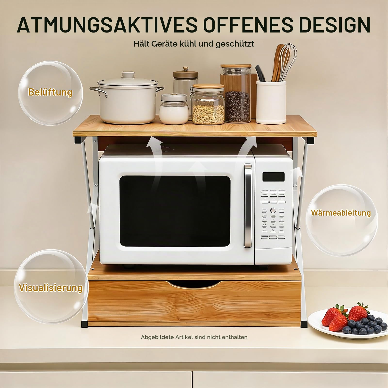 2 Stufiges Mikrowellen, Mikrowellenständer Küchenregal mit Schublade, Küche Regal Organizer Bäckereiregale, 54 x 35 x 50cm