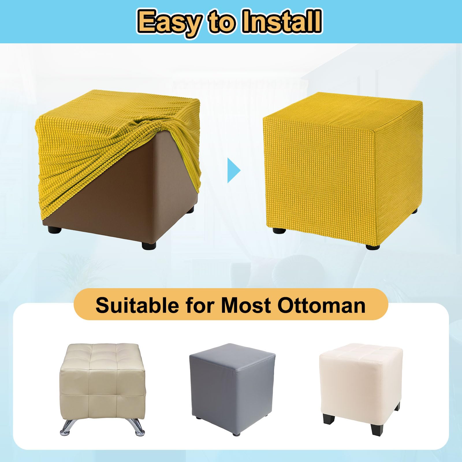 QUARKZMAN Funda de otomana Cuadrada 18x18x18 Pulgadas de poliéster elástico Lavable Fundas de otomanas Protector de reposapiés elástico para Sala de Estar Dormitorio, Amarillo
