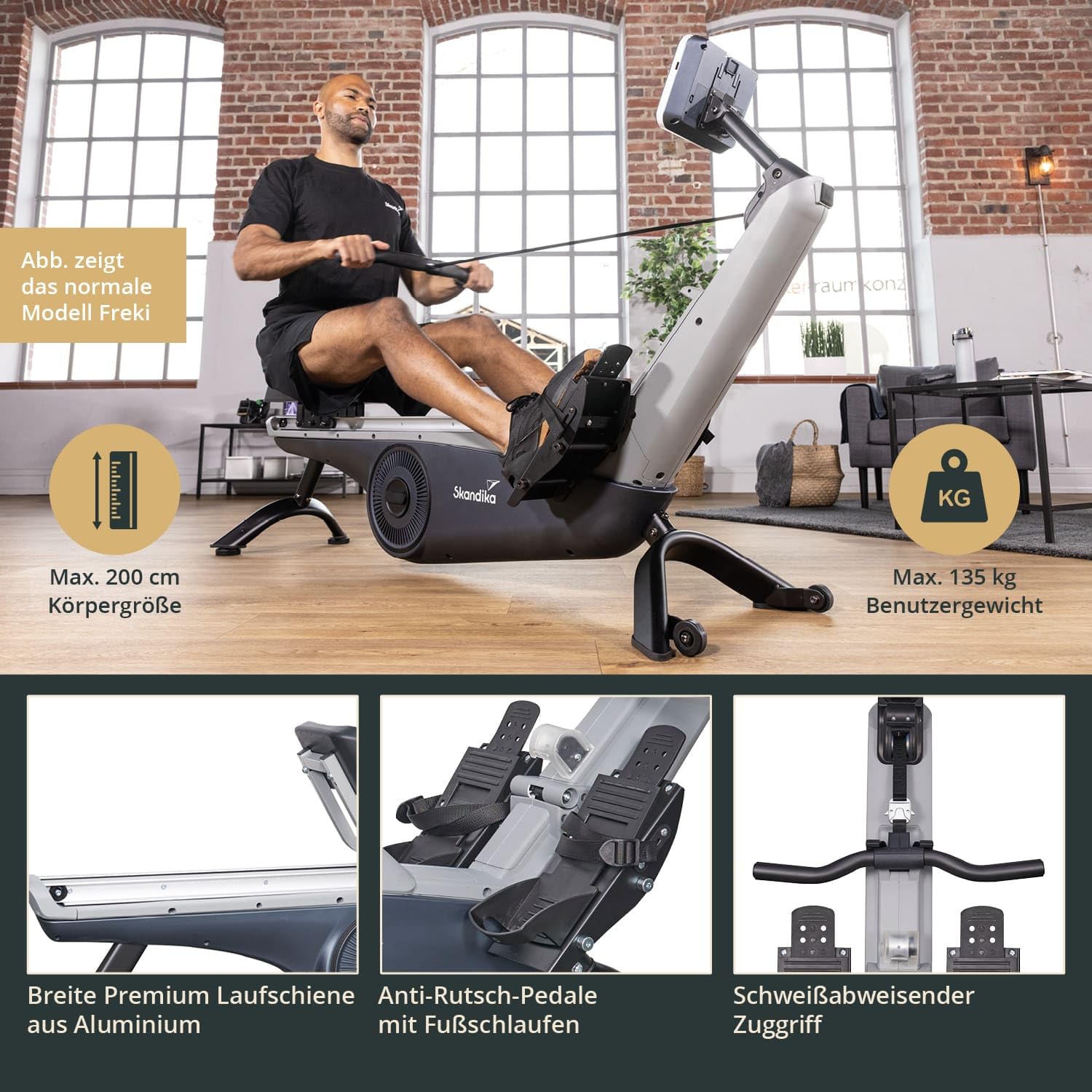 Skandika Rudergerät für Zuhause Freki, 24 Widerstandsstufen,19 Trainingsprogramme, 12kg Schwungmasse, Magnetwiderstand, Studio-Qualität, LCD-Display, Kinomap, aufstellbar, wartungsarm Bis 135kg
