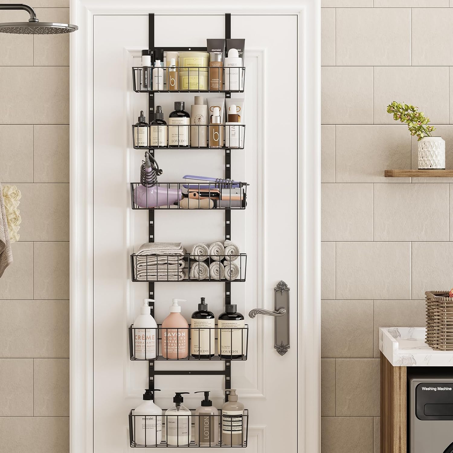 Over The Door Bathroom Organizer, 6-Tier Adjustable Metal Baskets Hanging Bathroom Organizer, Over The Door Organizer with Detachable Frame, Strong Load-Bearing Hair Tool Organizer