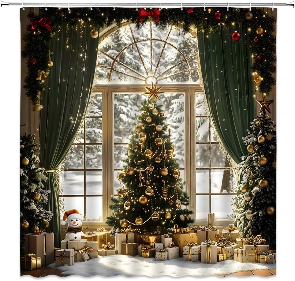 Winter Merry Christmas Shower Curtain Xmas Tree Snowy Snowman Green Golden Rustic Pine Trees Christmas Balls Happy New Year Holiday Bathroom Curtain Set Polyester Fabric Hooks 70 X 90 Inch