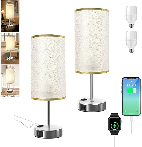 Lámpara de mesa para dormitorio con USB, lámpara de mesa de noche con puertos de carga USB C+A, luz LED ajustable de 3 colores para decoración del