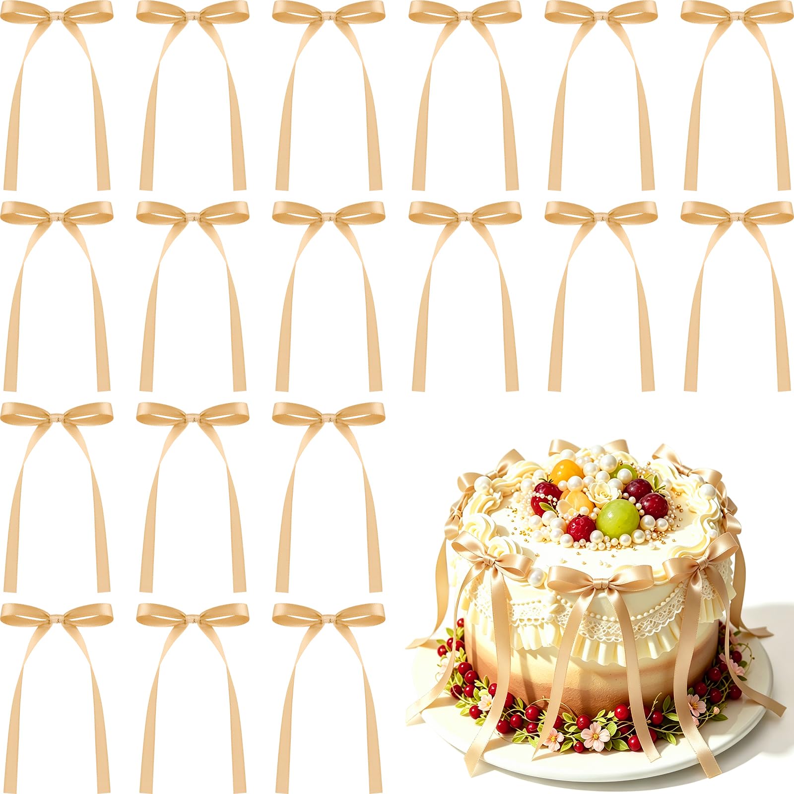 NEBURORA 50 Pcs Champagne Bows for Cake Decoration Party Ribbon Bowknots