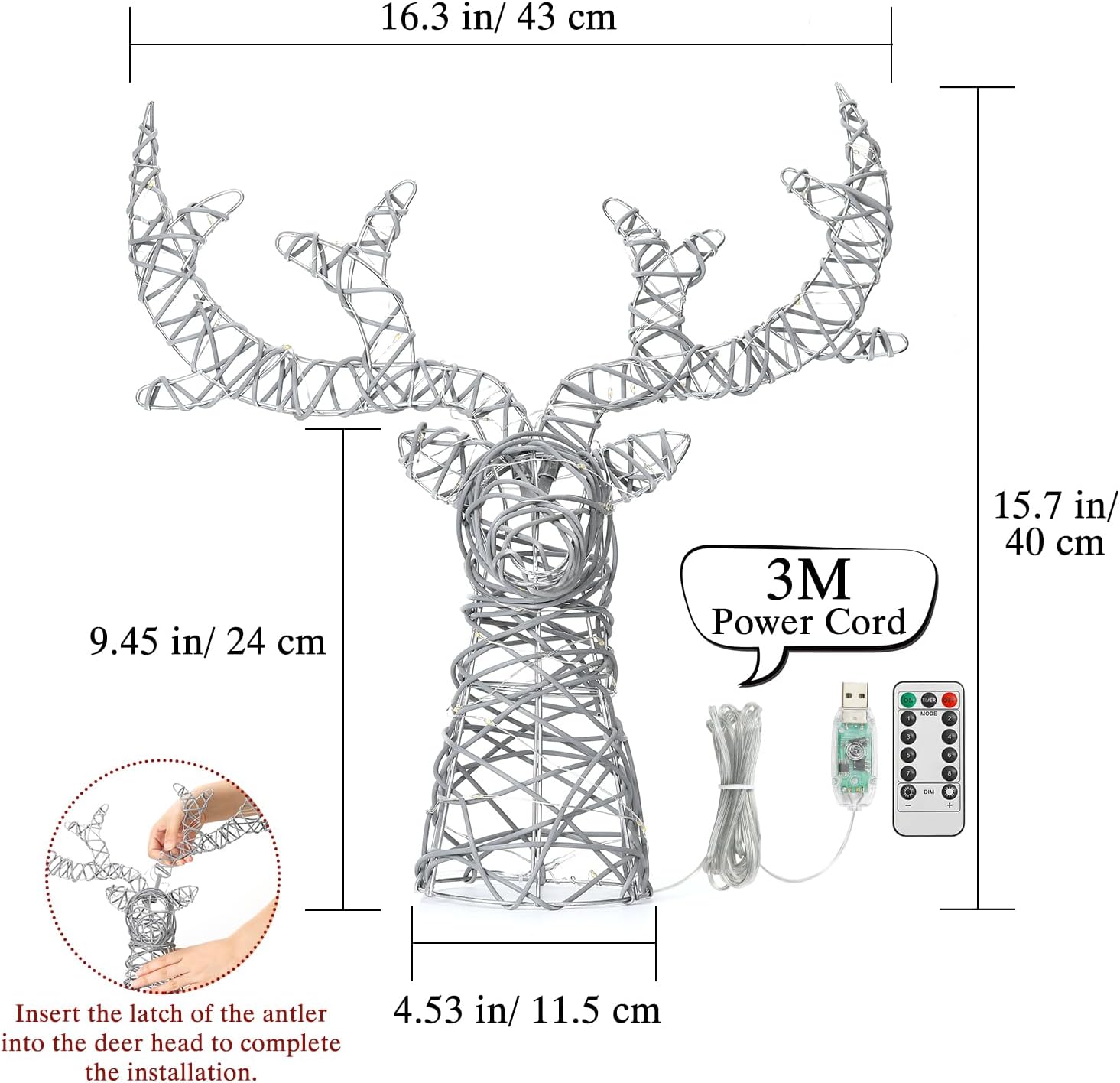 Christmas Tree Topper, Metal Frame Deer Tree Topper with 50 Warm Light Beads, Remote & USB Operated Tree Topper with Lights 6H Timer, Xmas Tree Decor for Holiday Home Decoration, Silver