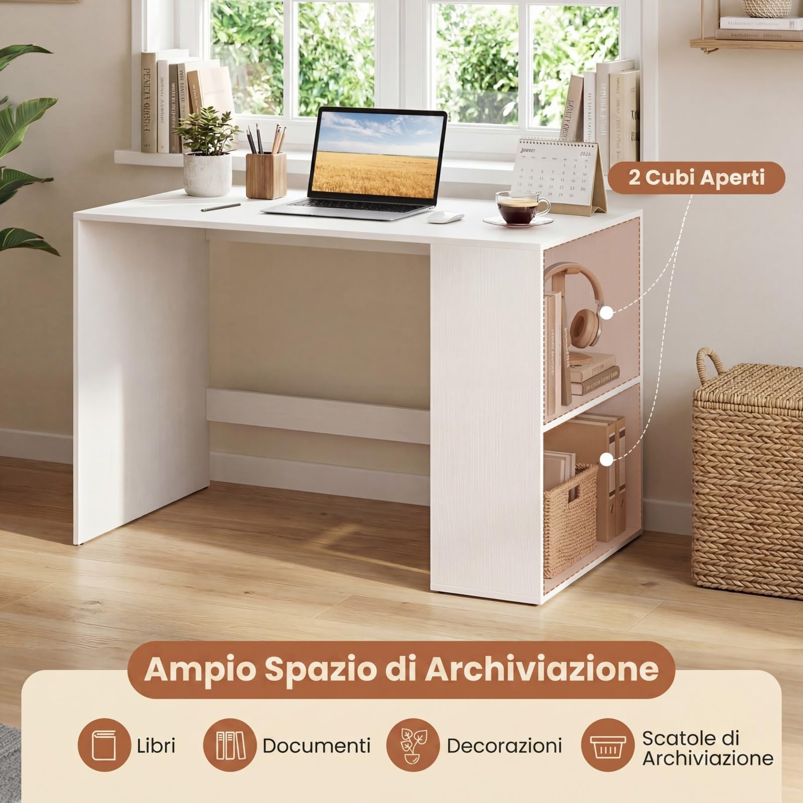 COSTWAY Scrivania Ufficio con Libreria Laterale a 2 Ripiani e Ampio Piano, 112 x 60 cm Scrivania Gaming in Legno, Scrittoio per Computer Salvaspazio per Studio, Soggiorno e Ufficio (Bianco)