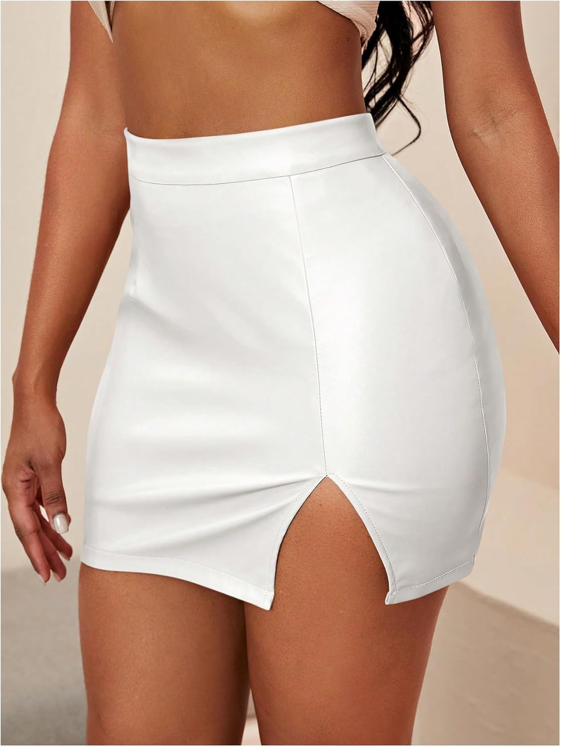 WDIRARA Women's Side Slit Bodycon Skirt Stretchy High Waisted PU Leather Mini Skirts - Image 3