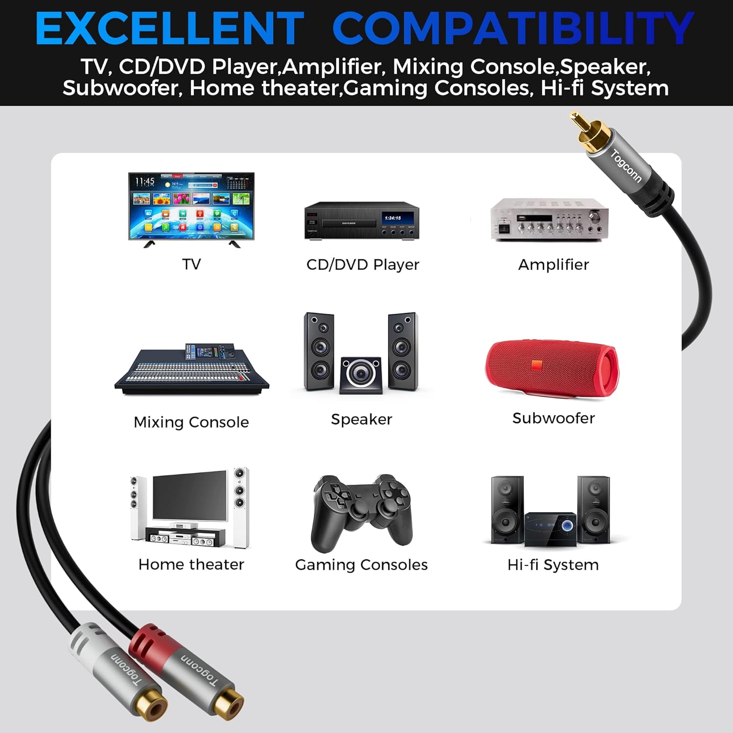 RCAスプリッター 0.6フィート RCAオス1個からRCAメスオーディオスピーカーYアダプター [24K金メッキ] ショートRCA