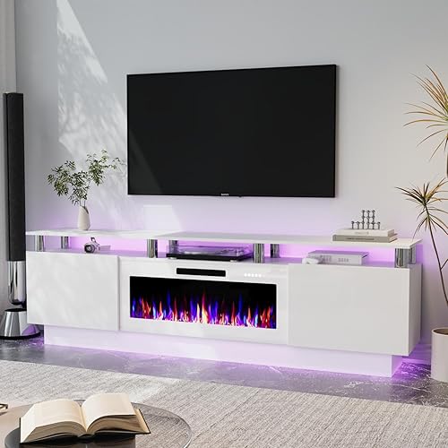 Miniatura 8 de Soporte de TV con chimenea de 36 pulgadas, soporte de TV negro de 70 pulgadas para sala de estar, moderno soporte de TV con chimenea eléctrica con