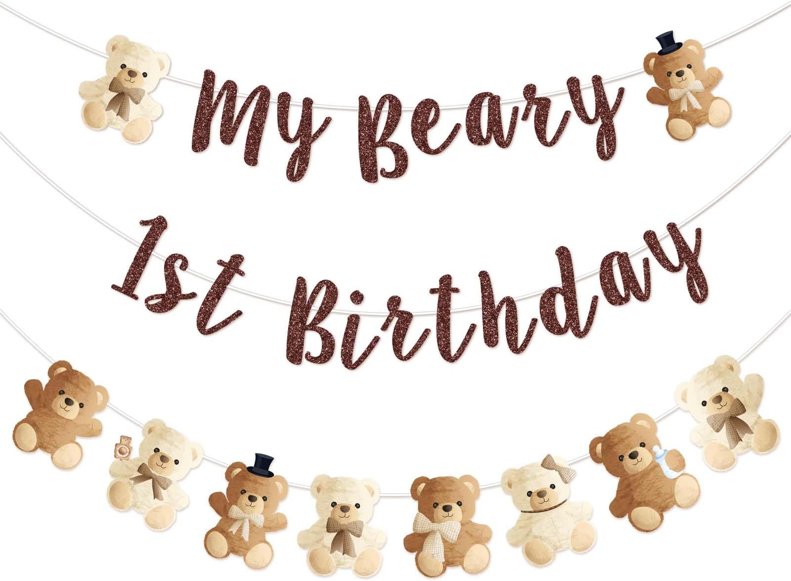 Whaline 8.2 Ft Cute Bear Banners Gold Glitter My Beary 1st Birthday Pre-Strung Banners Party Hanging Ornaments for Birthday Baby Shower Backdrop Decoration Supplies, 3Pcs