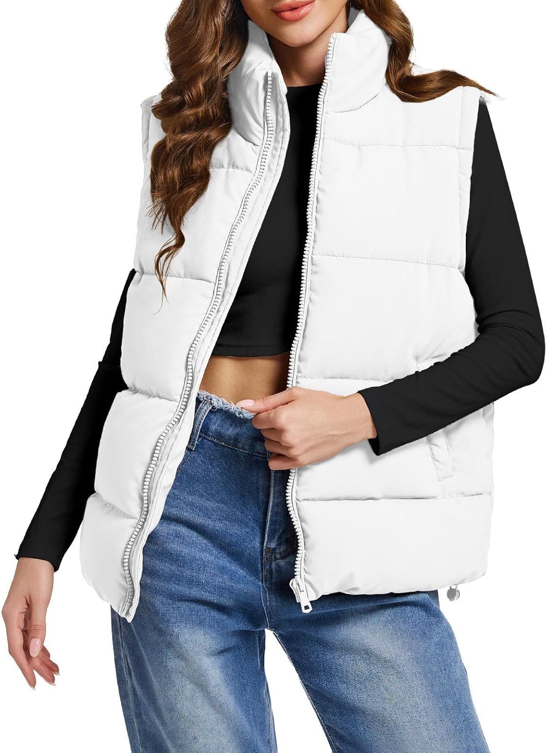 Polu Puffer Vest Women Zip Up Stand Collar Sleeveless Puffer Vests Oversized Padded Gilet Jacket - Image 3