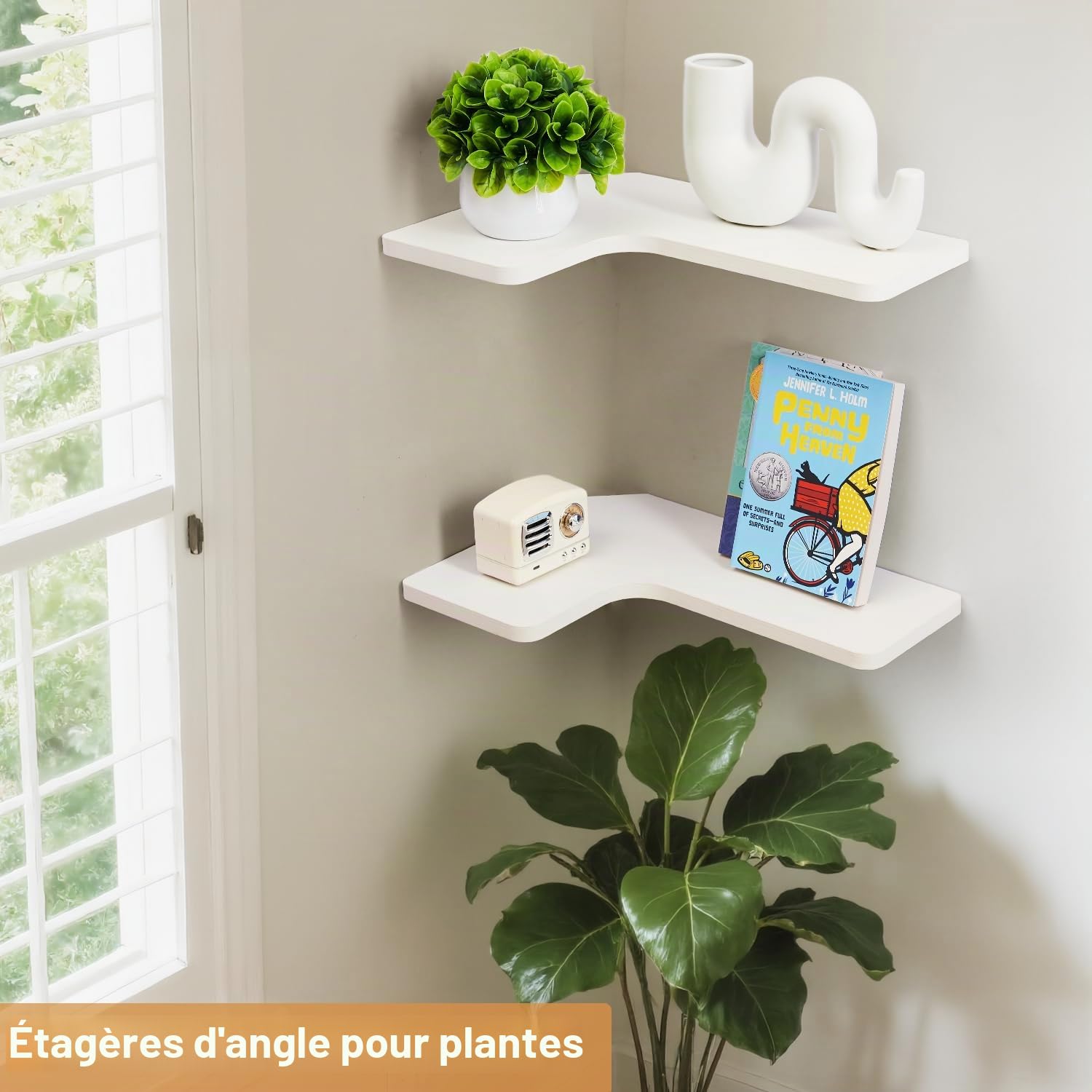 Gieanoo Étagère d'angle murale, Lot de 2 étagères murales flottantes de 40 cm pour rangement, Étagères murales d'exposition de forme L moderne pour salle de bain, chambre, cuisine, salon (Blanc)