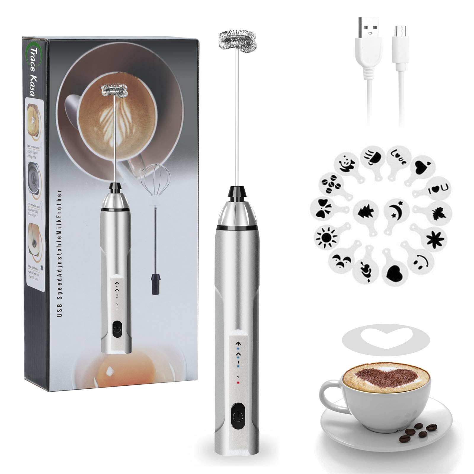 TRACE KASAMilk Frother Handheld, 3-Speed USB Rechargeable Electric Coffee Milk Frother, Foam Maker for Latte Cappuccino, Double Whisk Drink Mixer for Frappe Hot Chocolate Cream & Bulletproof Coffee