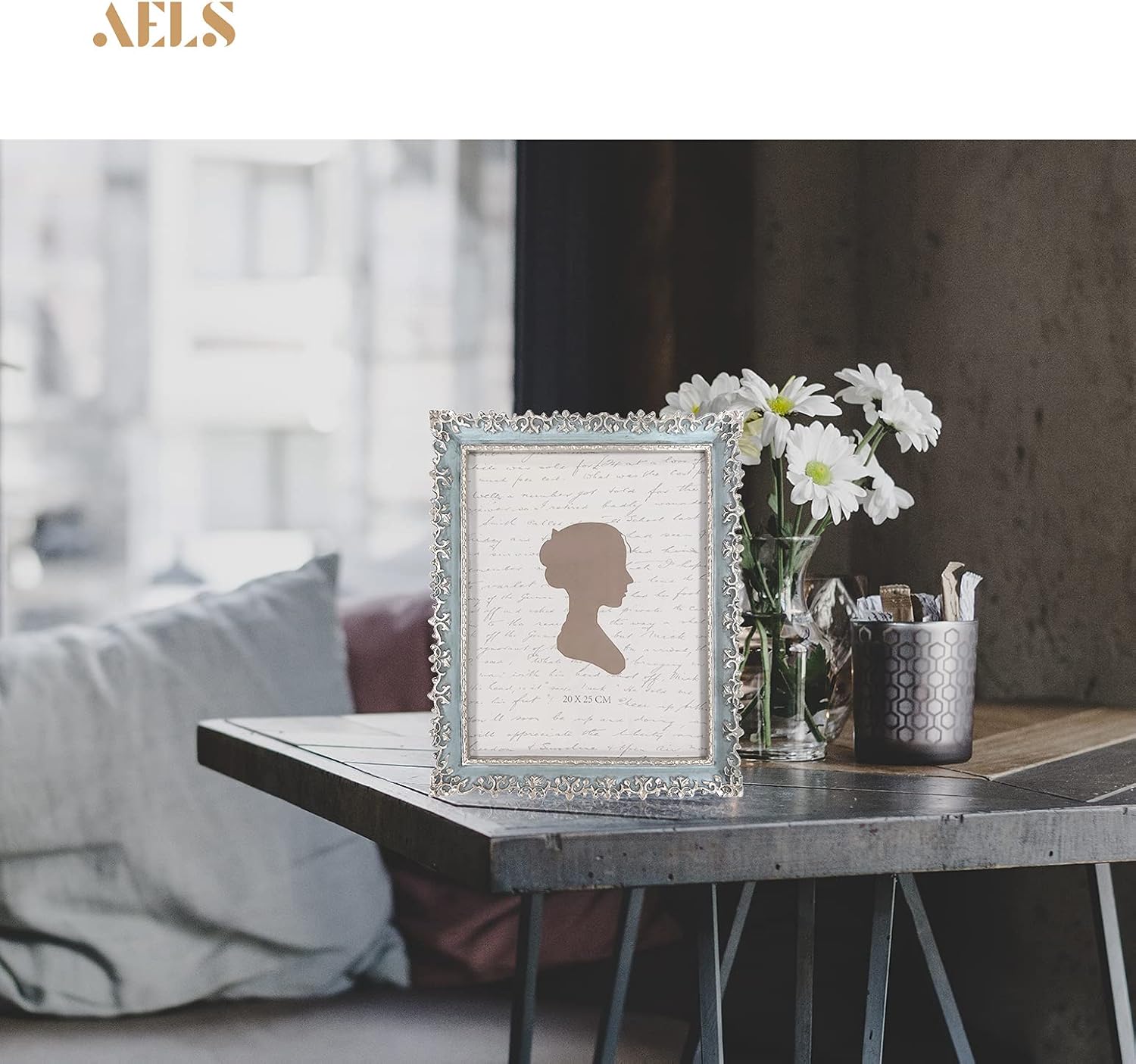 AELS 8x10 Inch Vintage Picture Frame, Elegant Antique Photo Frames with Glass Front, Photo Display, Tabletop Wall Hanging, Gift Ideas, Vine Pattern, Silver & Light Blue