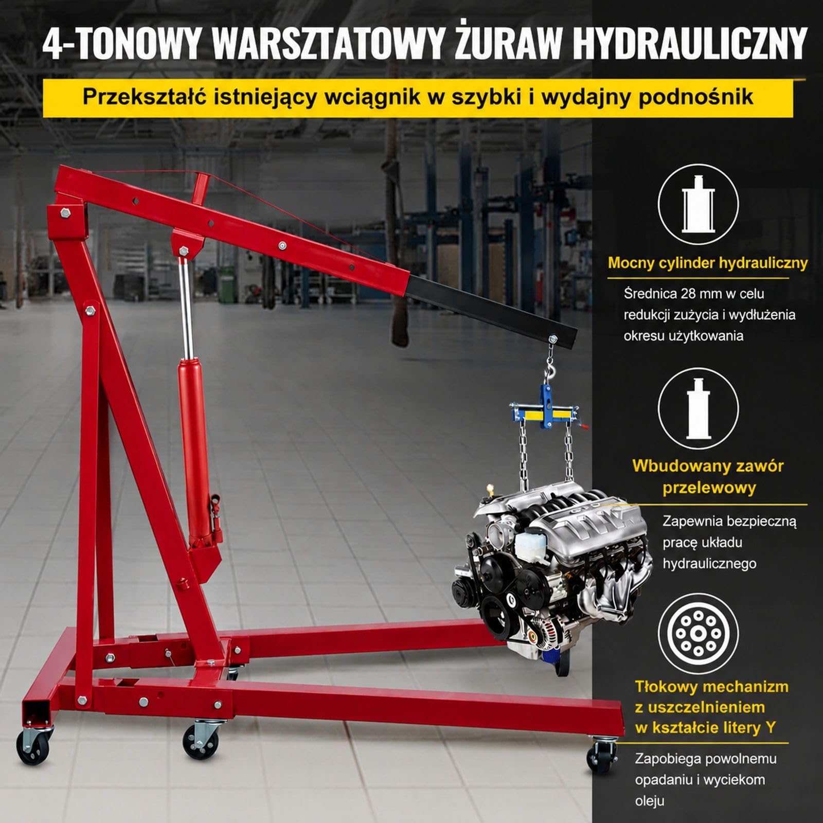 Czerwony hydrauliczny podnośnik słupkowy 4 t ze stalowym cylindrem, pompą jednotłokową, płaską podstawą i uchwytem do żurawi garażowych i warsztatowych