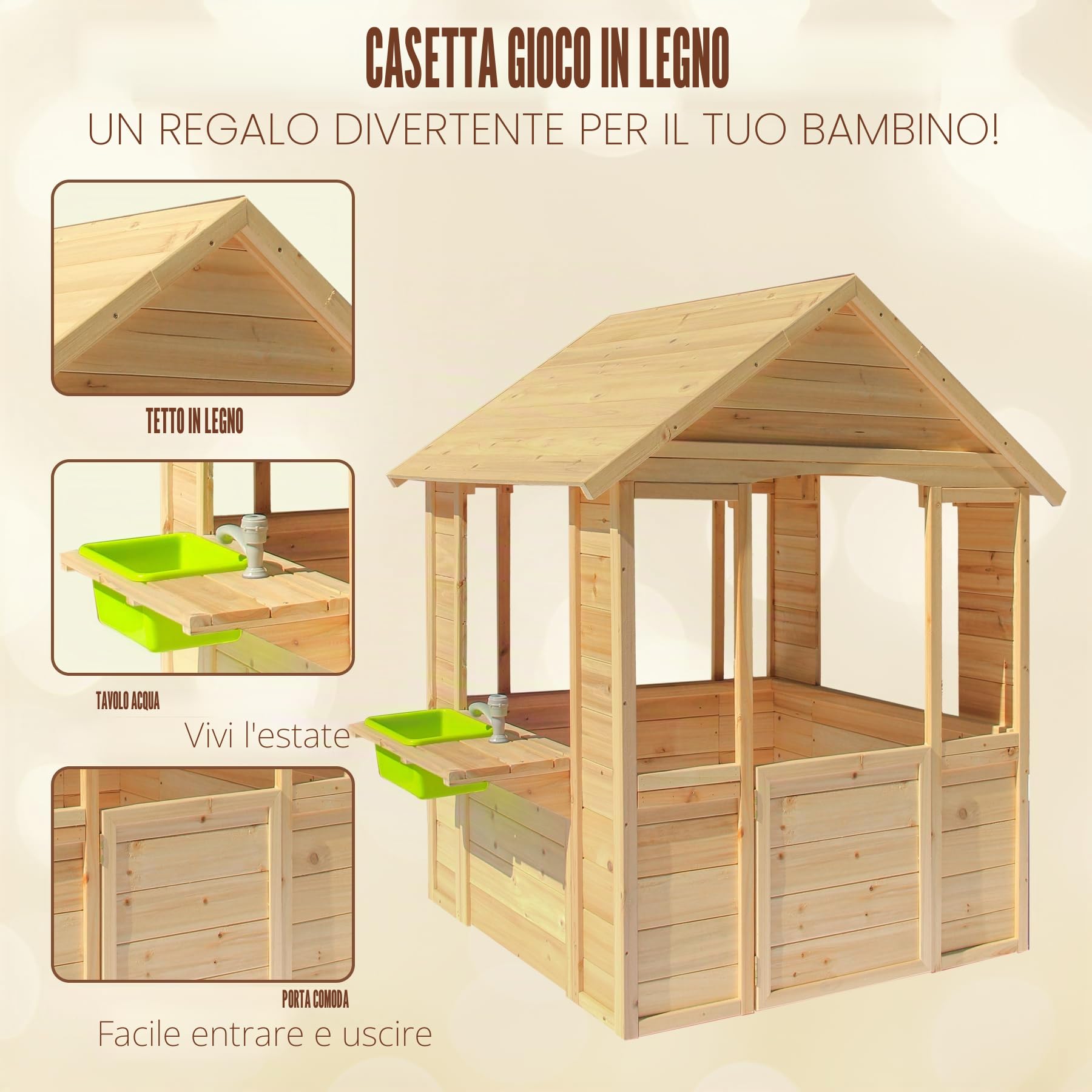 Casetta giocattolo per bambini all'aperto, casetta giocattolo in legno in stile rustico con lavandino, finestre, porta da lavoro, pentole, casetta da gioco per esterni, cortile, terrazza (naturale)