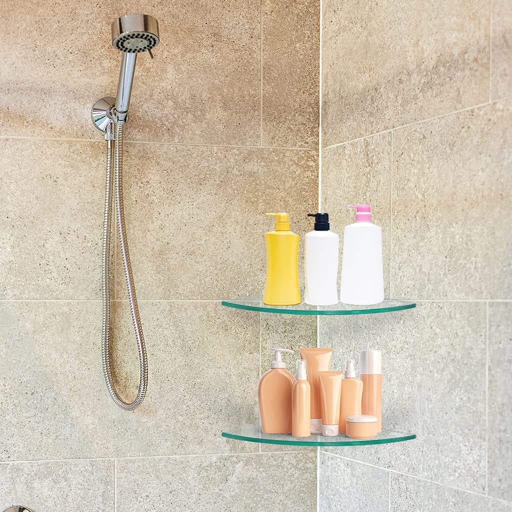 2 Pcs Tempered Glass Corner Shelf with 8 Brackets, 11.5" x 11.5" Floating Shower Caddy, Wall Mounted Shampoo Holder Organizer for Bathroom, Kitchen, Living Room