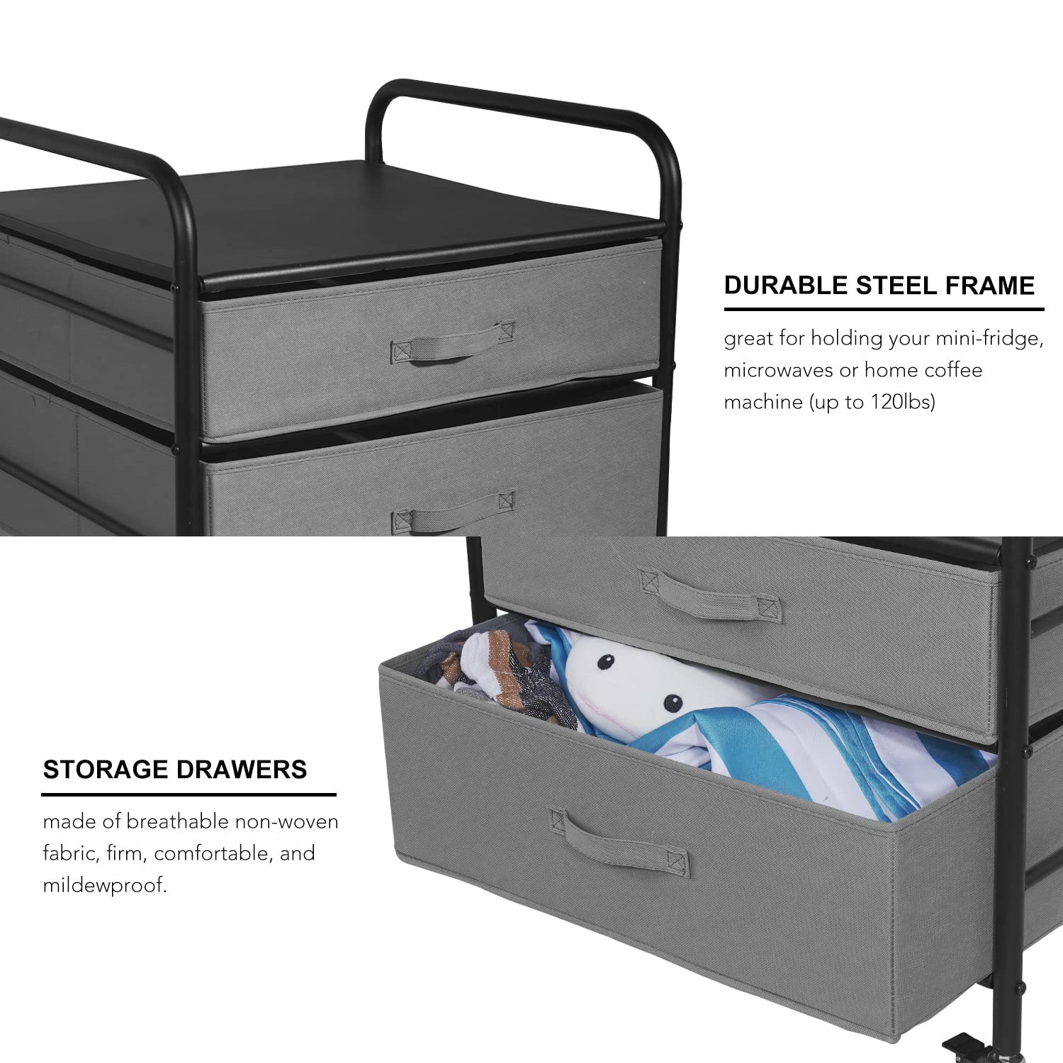 WAYTRIM Fridge Stand, 2 Drawer Organization Fridge Cart, Black Frame