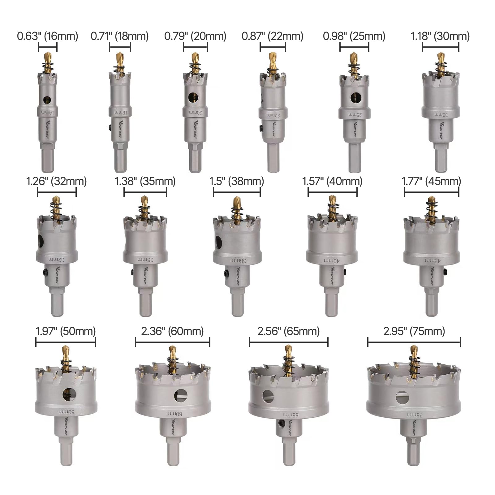 TCT Lochsägen Set 15 Stück/Satz 16-75mm, Hartmetall Bits mit Zentrierbohrer, für Hartmetall, Edelstahl, Baustahl, Aluminiumlegierung, Kupfer, Eisen, Kunststoff und Glasfaser