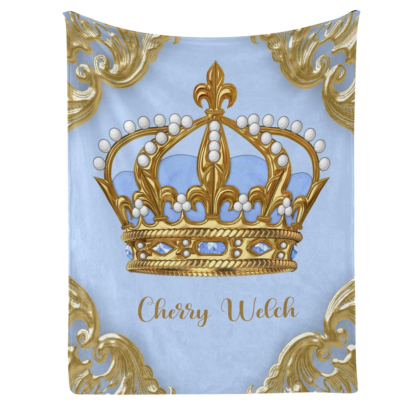 Personalized Baby Blanket With Name – Custom Flannel Swaddle, Blue Golden Crown, 30x40 Inches