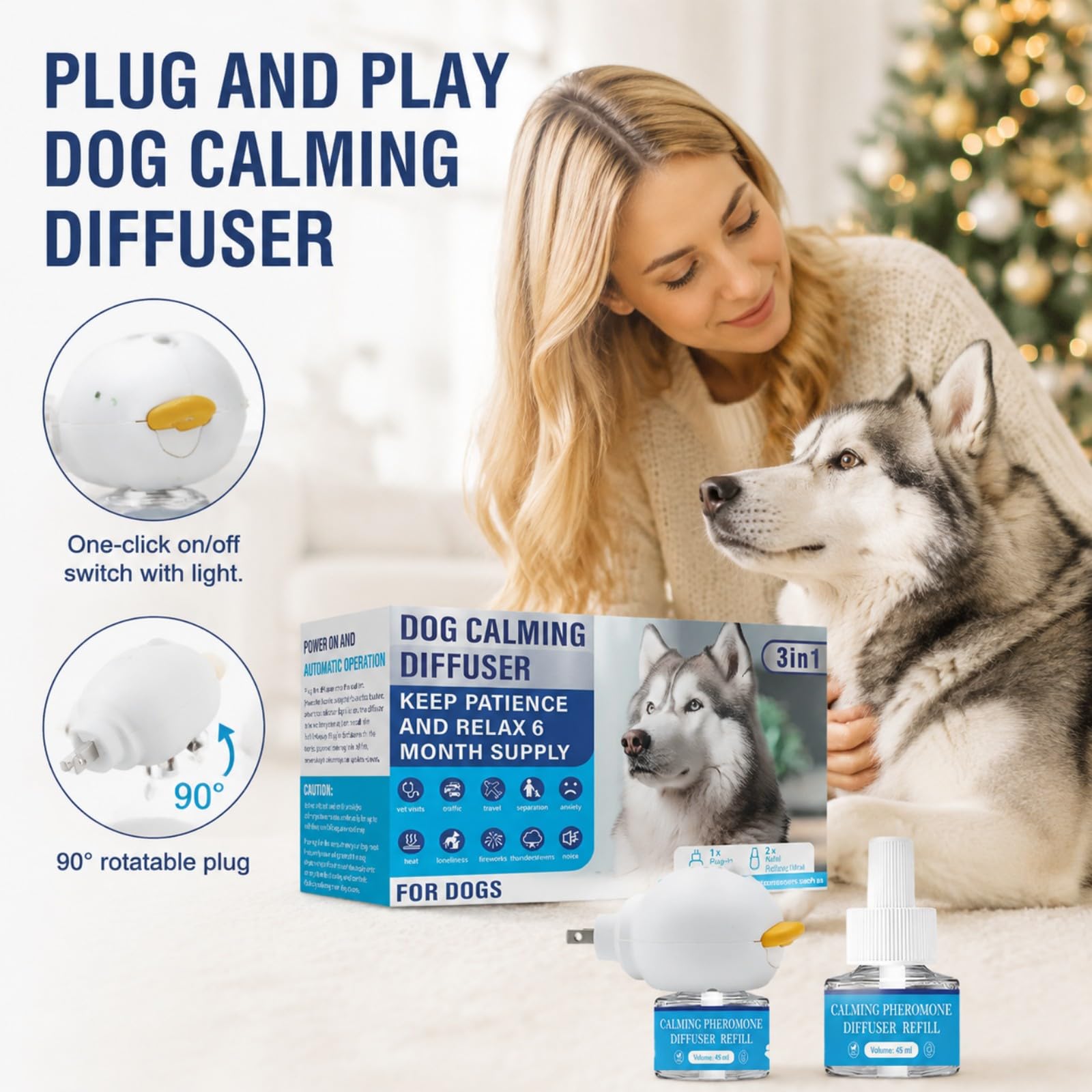 Difusor de Feromonas Relajante para Perros – con Luz LED, Recarga 2x48ml, No Medicado, Sin Somnolencia, Alivia Ansiedad por Separación y Estrés por Tormentas, 60 Días de Duración
